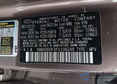 2015 Hyundai Santa Fe Limited from USA, damaged, VIN KM8SRDHF0FU106248